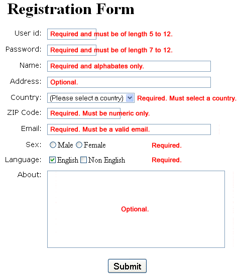 JavaScript : A sample registration form validation - w3resource