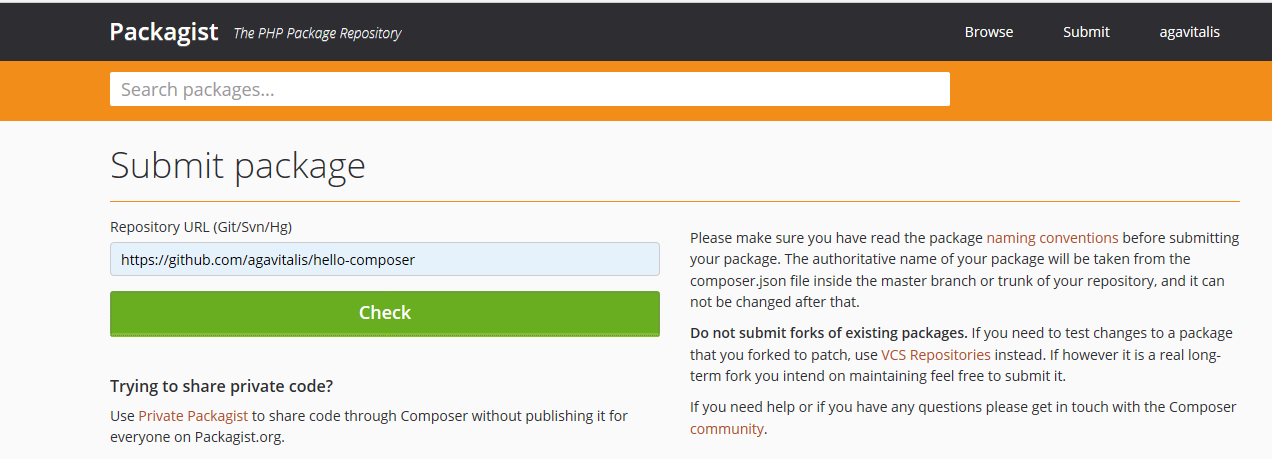 Register package on packagist