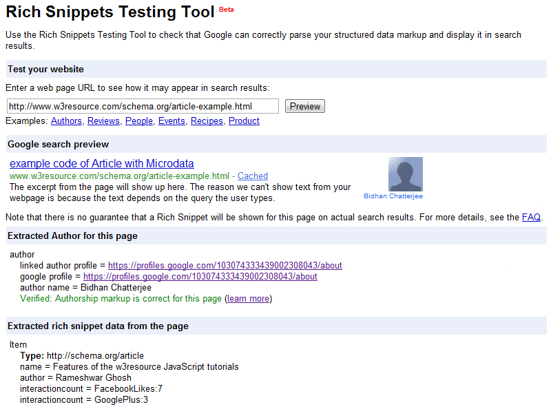 article example test with google rich snippets tool