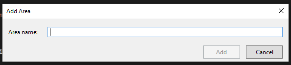 asp.net Area name into the Add Area dialogue box
