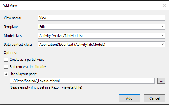 asp.net create an Edit view for Activity