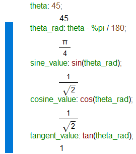 wxMaxima: calculate the sine, cosine, and tangent.