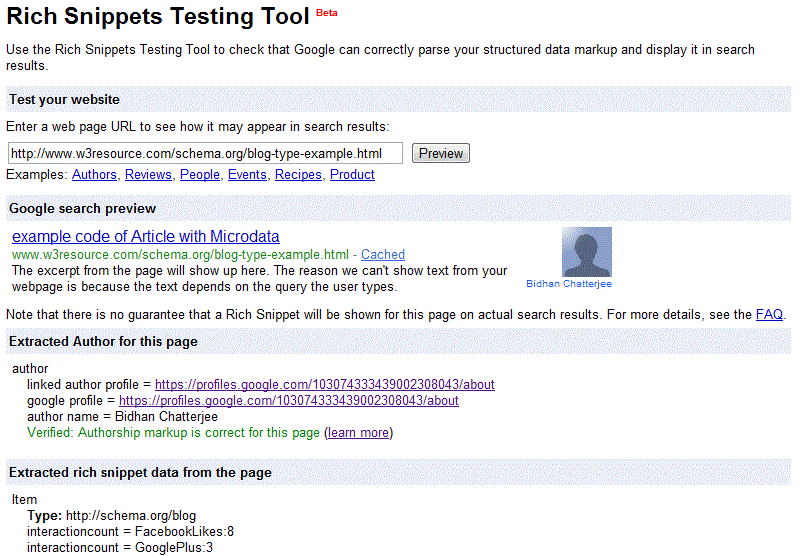 blog type example test with google rich snippets tool