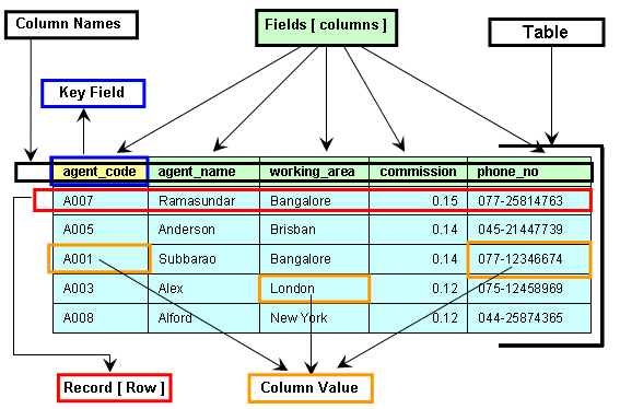 parts of data presentation table