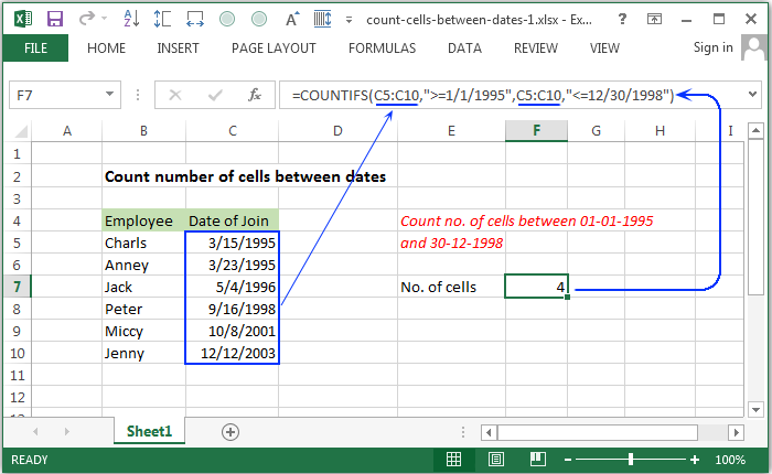 Count cells between two dates
