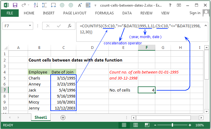 Count cells between dates with date function