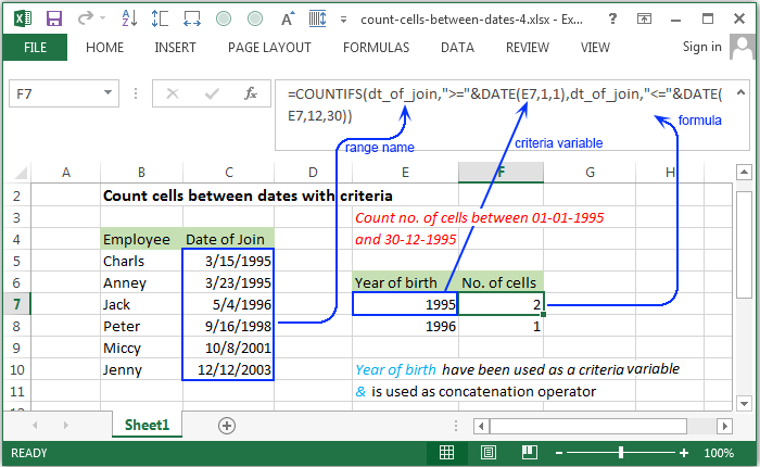 Count cells between dates with date function