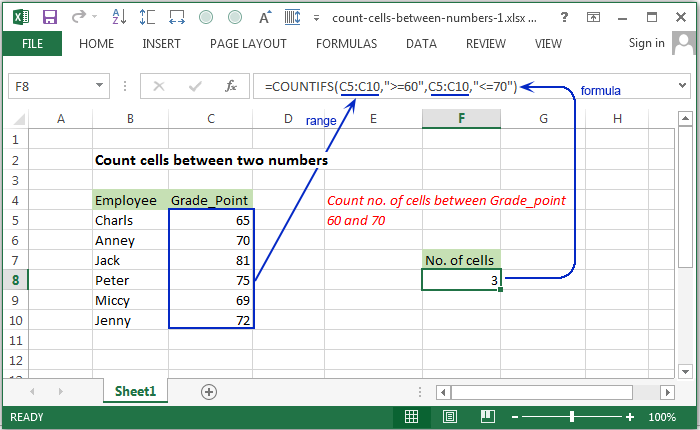 Count cells between numbers