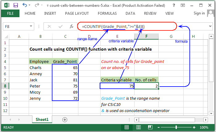 Count cells using COUNTIF() function with criteria variable