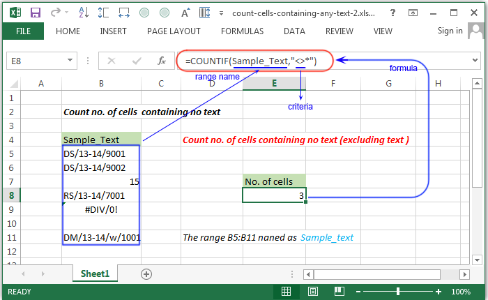 Count no. of cells containing no text (excluding text )