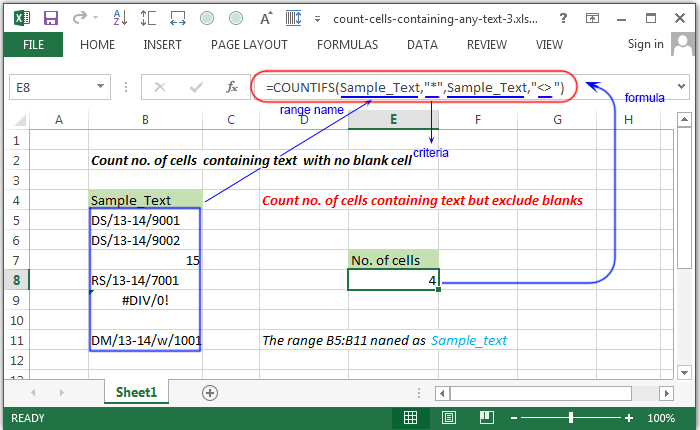Count no. of cells containing text with no blank cell