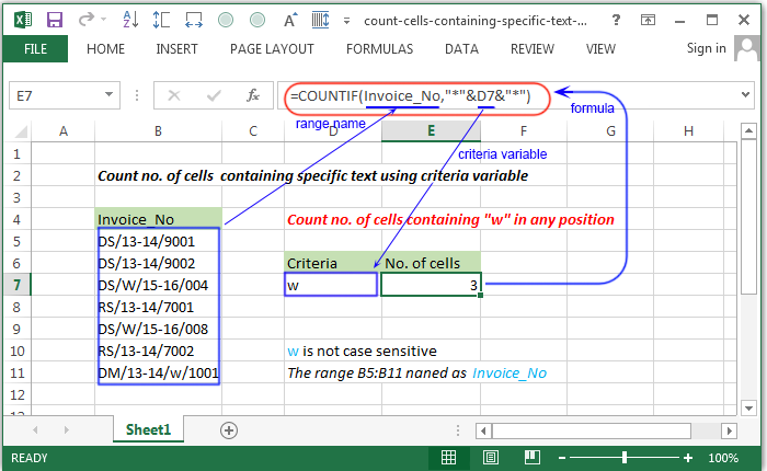 Count no. of cells containing specific text using criteria variable