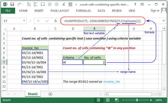 Count no. of cells containing specific text ( case sensitive ) using criteria variable