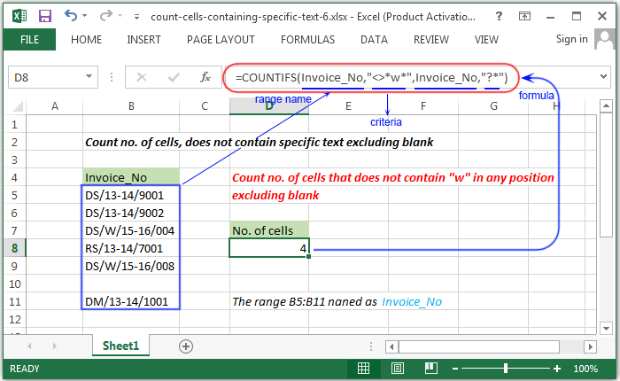 Count no. of cells, does not contain specific text excluding blank