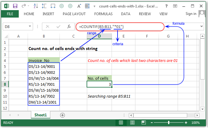 Count number of cells ends with a specific string