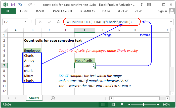 Count cells for case sensetive text