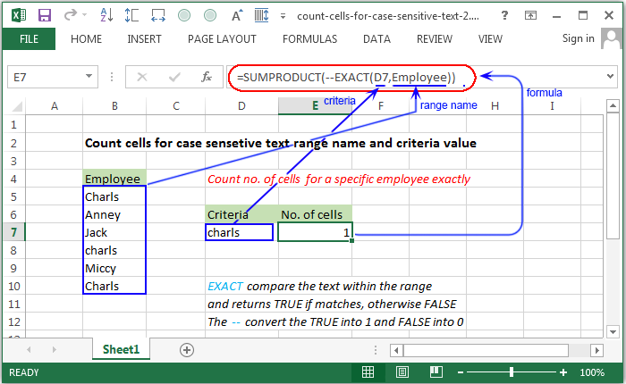 Count cells for case sensetive text range name and criteria value