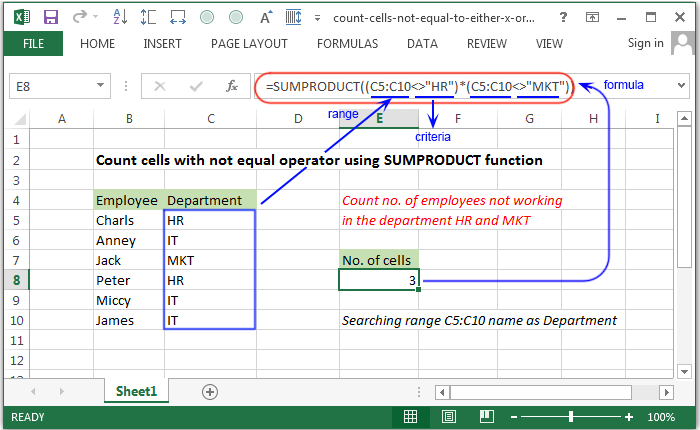 Count cells with not equal operator using SUMPRODUCT function