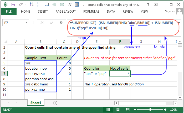 Count cells that contain any of the specified string