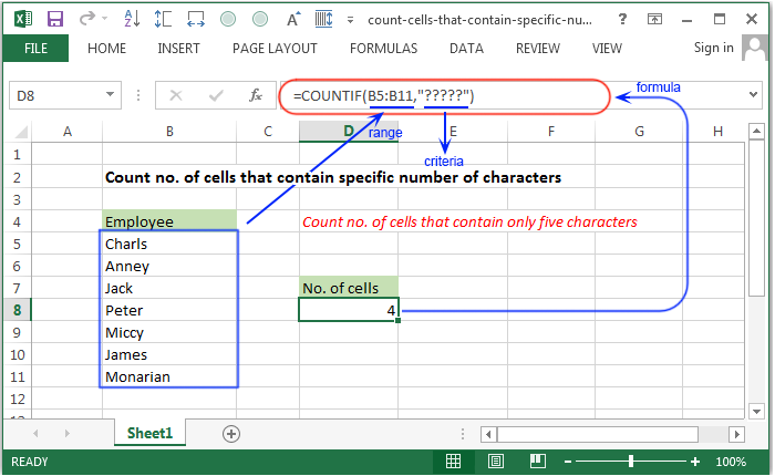 Count no. of cells that contain five characters only