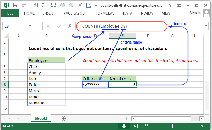 Count no. of cells that does not contain a specific no. of characters