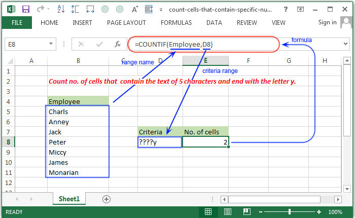 Count no. of cells that  contain the text of 5 characters and end with the letter y.