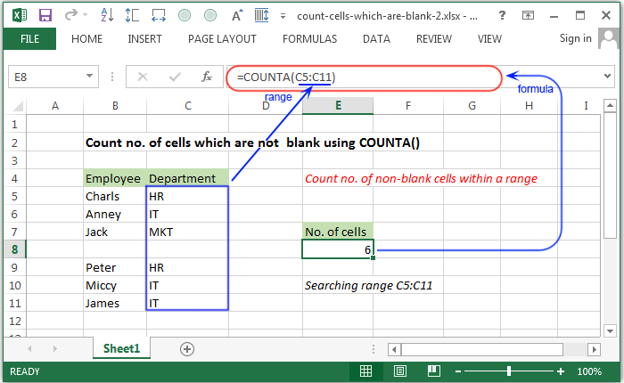 Count no. of cells which are not blank using COUNTA()