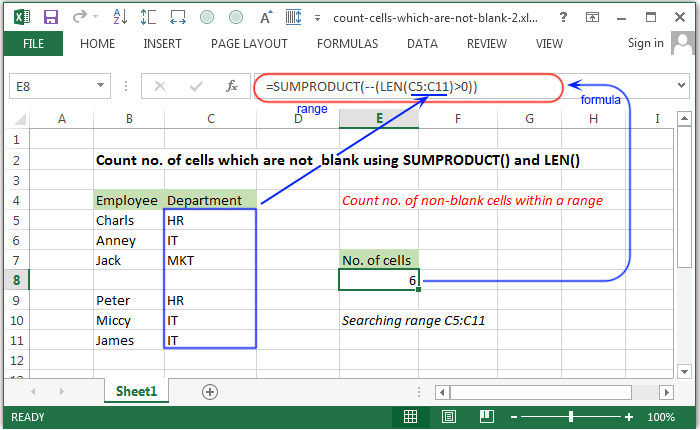Count no. of cells which are not  blank using SUMPRODUCT() and LEN()