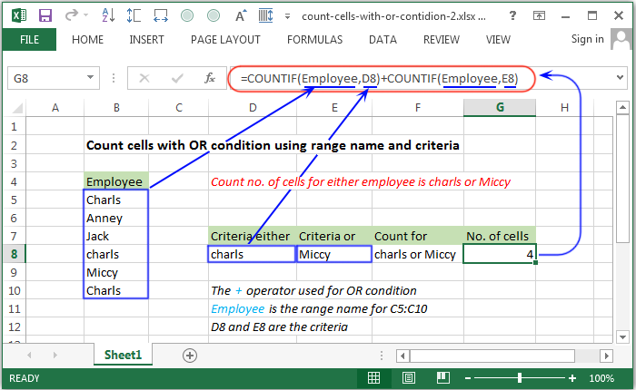 Count cells with OR condition using range name and criteria