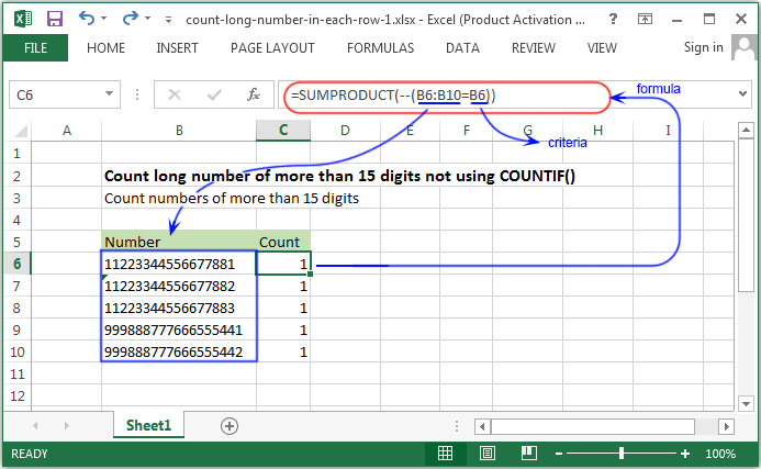 Count long number of more than 15 digits not using COUNTIF()