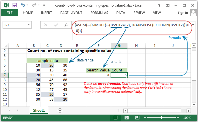 Count no. of rows containing specific value