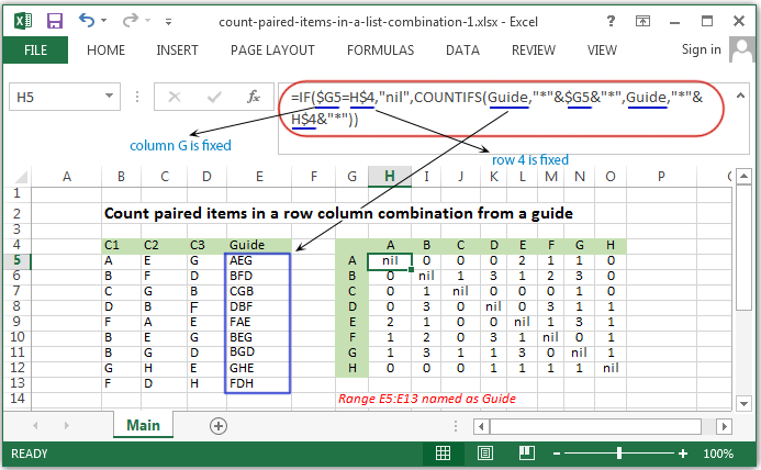 Count paired items in a row column combination from a guide