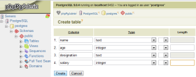 create table phppgadmin step3