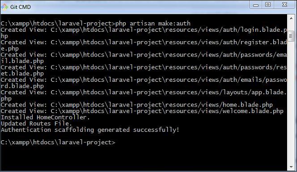 This command helps in creating authentication scaffolding successfully, as shown in the following screenshot