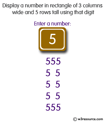 C# Sharp Exercises: Display a number in rectangle of 3 columns wide and 5 rows tall using that digit
