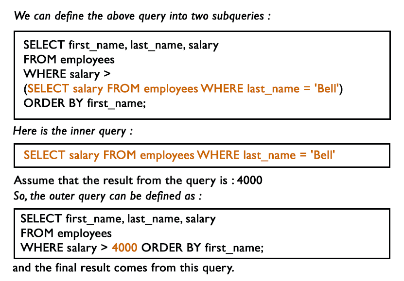 MySQL SubQueries:Find the names, salary of the employees who earns more than the employee whose last name is Bell.