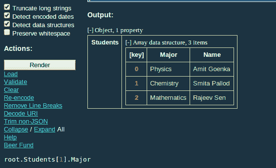 json visualization selection