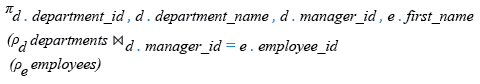 Relational Algebra Expression: Join: Display the department ID and  name and first name of manager.