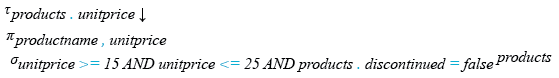 Relational Algebra Expression: MySQL Northwind: Display Product of cost between $15 and $25.