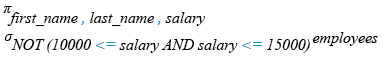 Relational Algebra Expression: Restricting and Sorting Data: Write a query to display the names and salary for all employees whose salary is not in the specified range.