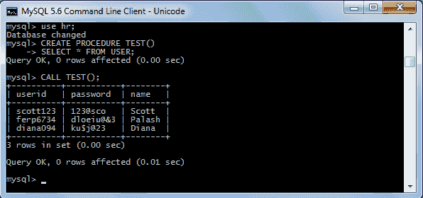 mysql write and execute procedure in command line