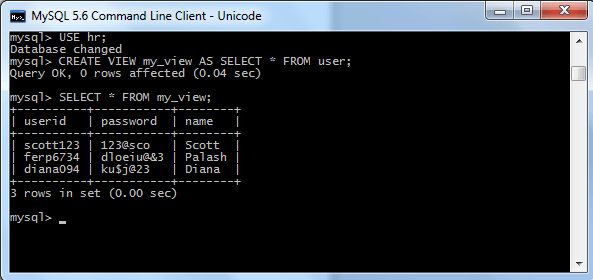 mysql write and execute view in command line