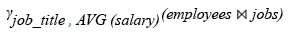 Relational Algebra Expression: Make a join with two tables employees and jobs to display the job title and average salary of employees.