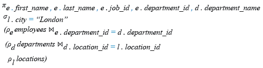 Relational Algebra Expression: Make a join with three tables to find the name, jobs, department name and ID of all the employees working in London.