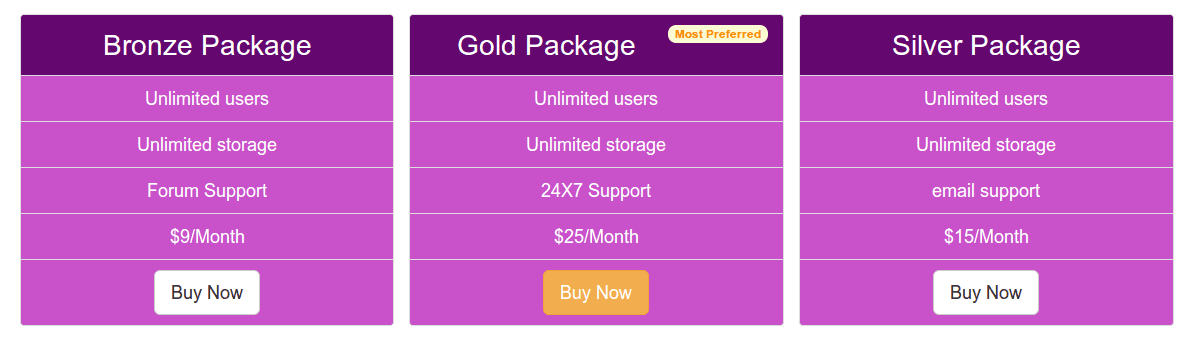 pricing table screenshot