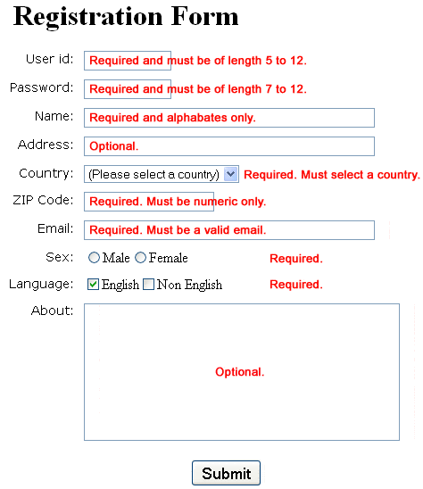 JavaScript Form Validation using sample registration form