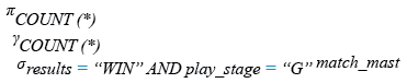 Relational Algebra Expression: Count the number of matches ended with a results in group stage.