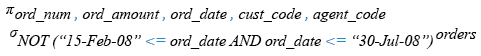 Relational Algebra Expression: SQL Between  operator with boolean NOT.