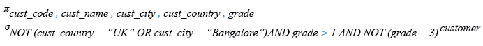 Relational Algebra Expression: SQL Logical AND NOT OR with EQUAL TO ( = ) operator.