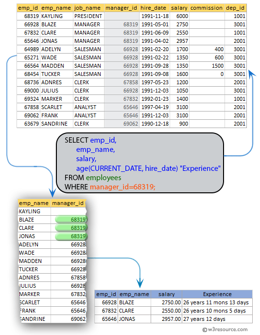 SQL exercises on employee Database: List the id, name, salary, and experiences of all the employees working for the manger 68319